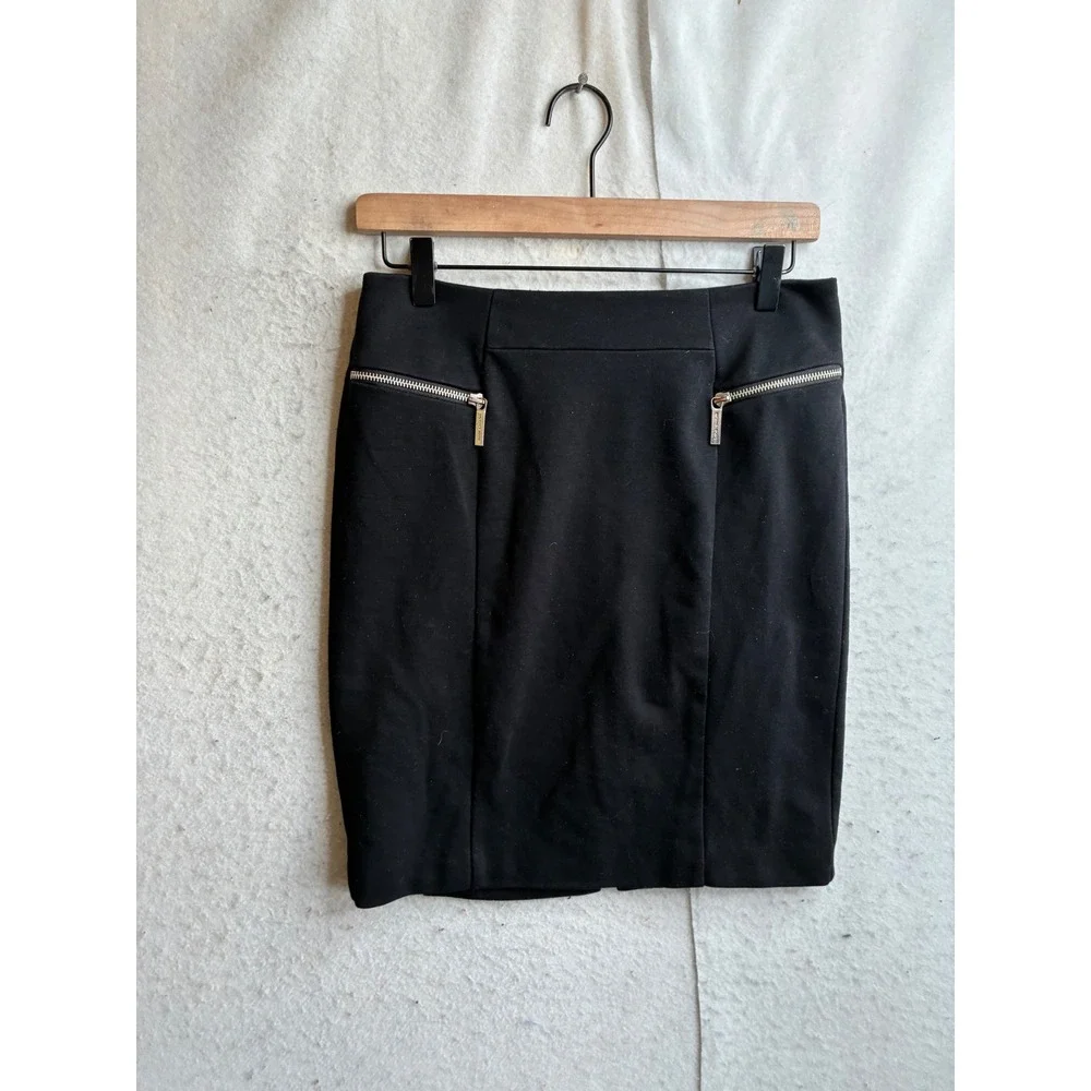 Michael Kors Black Stretch Pencil Skirt Silver Zip Accents Size 6